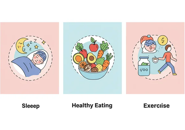 Icons representing sleep, healthy food, and exercise for brain.