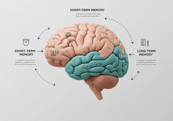 Diagram showing short-term, long-term, and working memory areas.