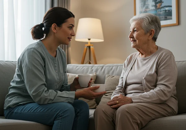 Pengasuh dan warga emas mengadakan perbualan yang tenang dan peribadi