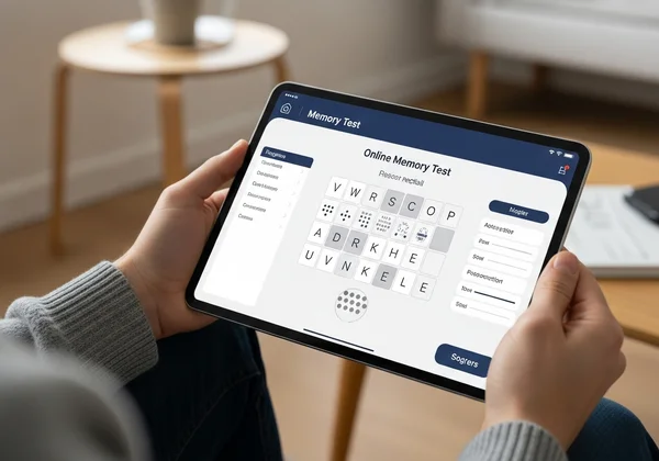 Orang mengambil ujian memori dalam talian pada tablet