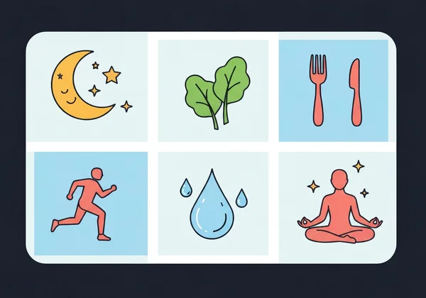 Ikon untuk tidur, diet, senaman, hidrasi, pengurusan tekanan.