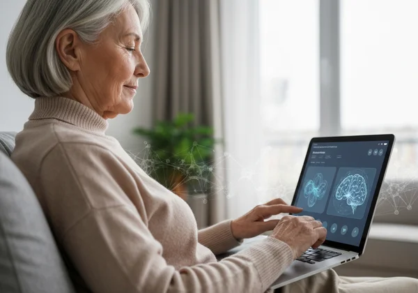 Senior takes AI-powered cognitive assessment on tablet