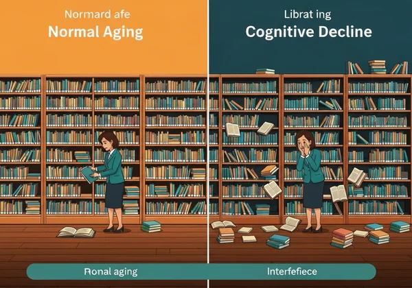 Normal aging brain vs. cognitive decline visual metaphor