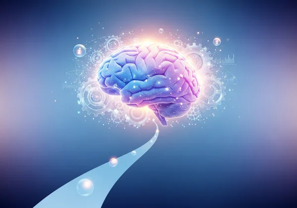 Illustration of a human brain with lightbulb and gears